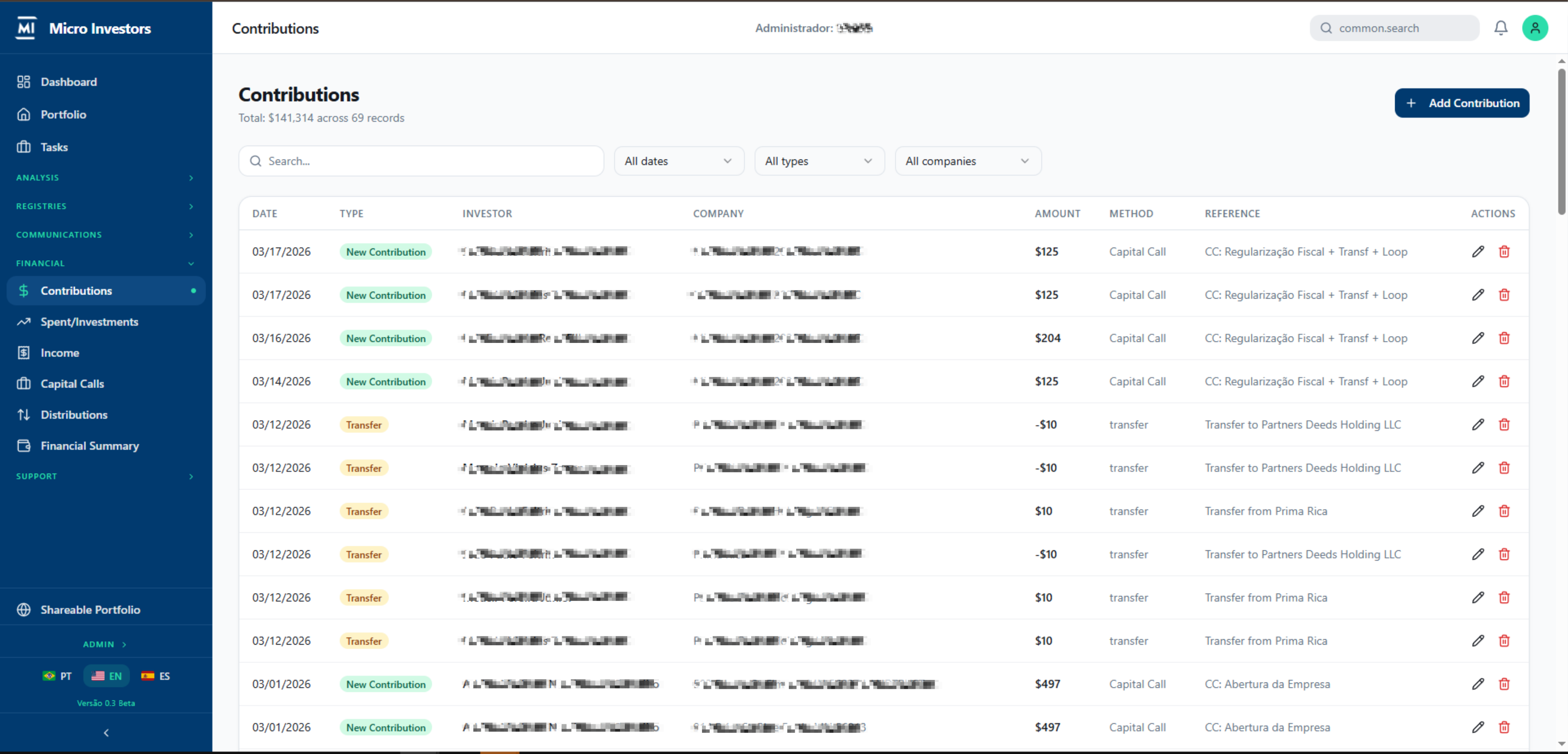 Contributions ledger with type chips