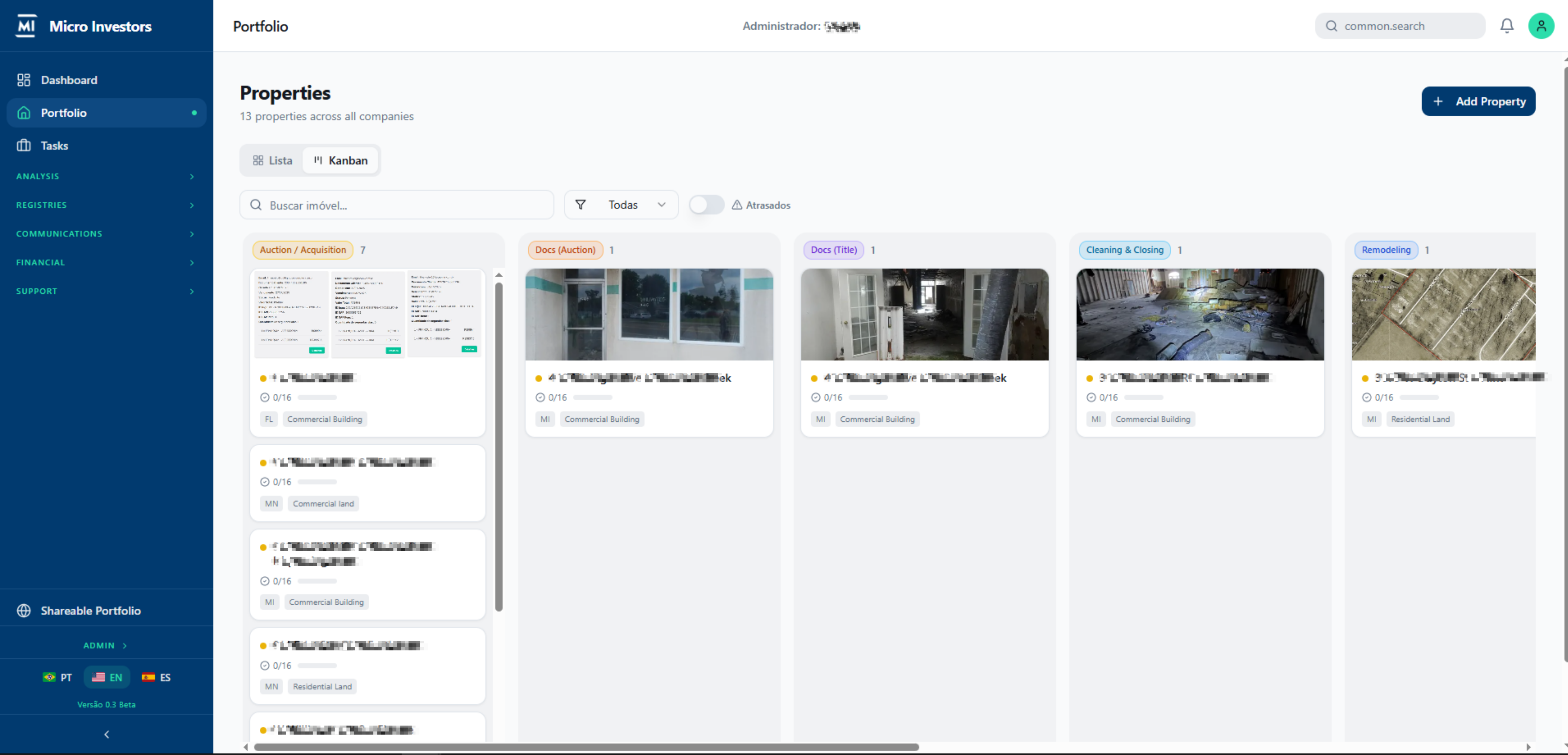 Portfolio properties in Kanban view by deal stage